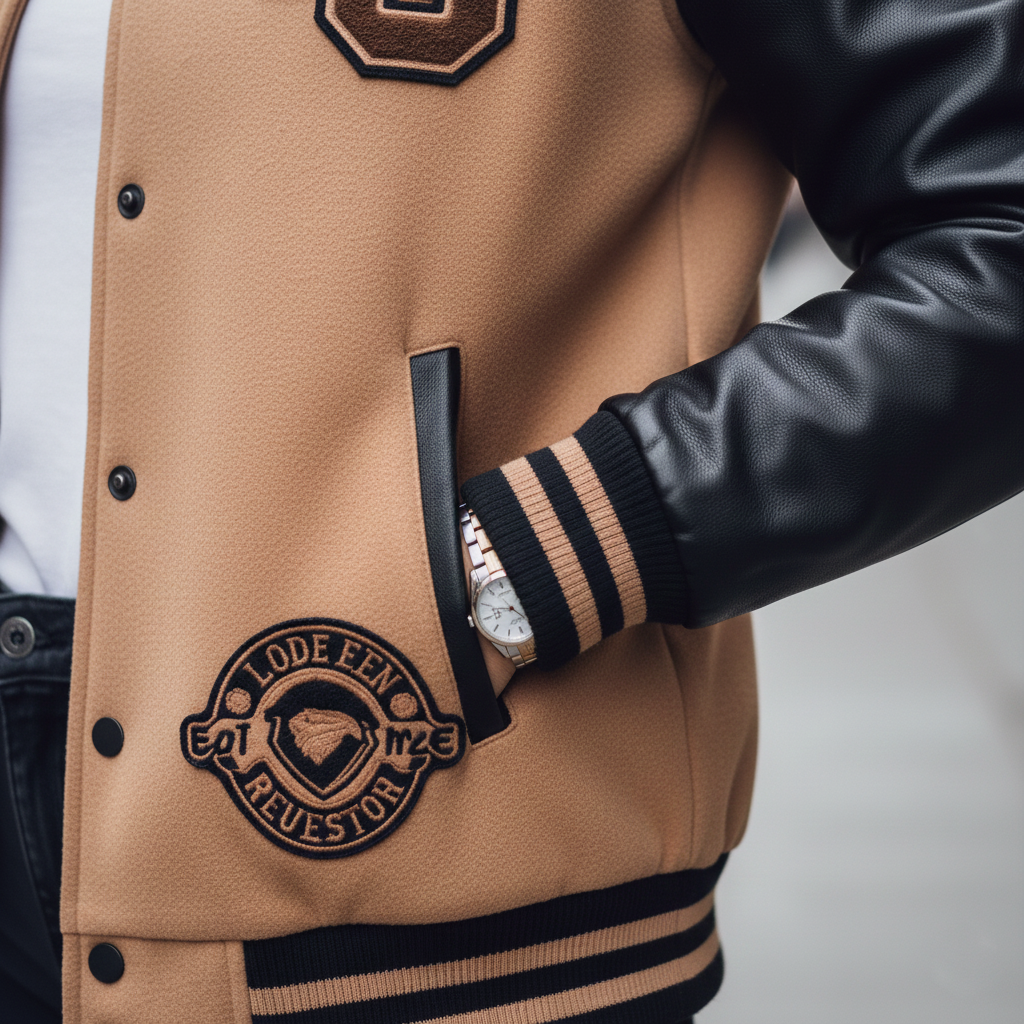 Close-up of a person wearing a tan varsity jacket with black sleeves and a logo, on a neutral background.