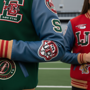 Two girls wearing letterman jackets with various patches on a sports field.