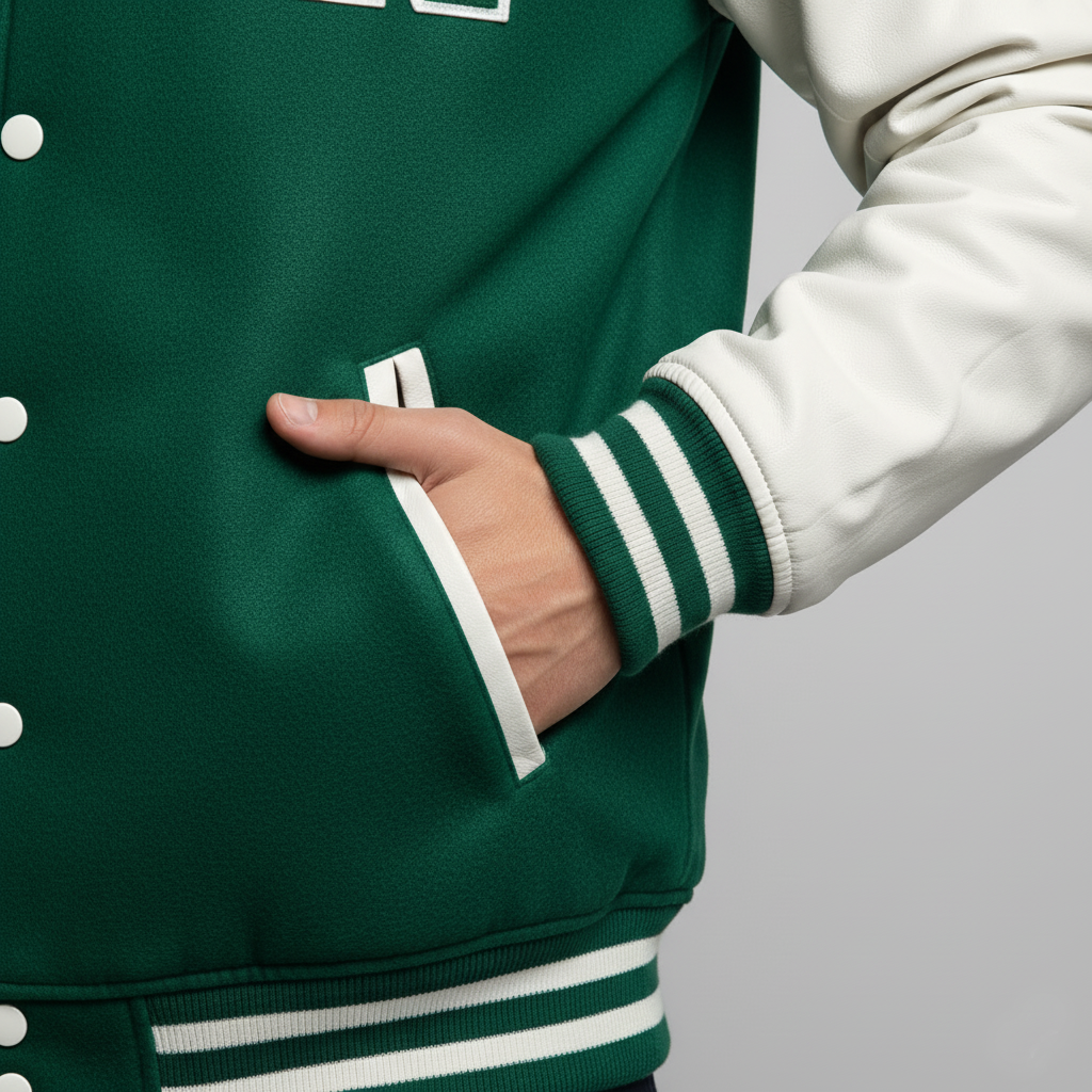 Green varsity jacket with white accents on a gray background