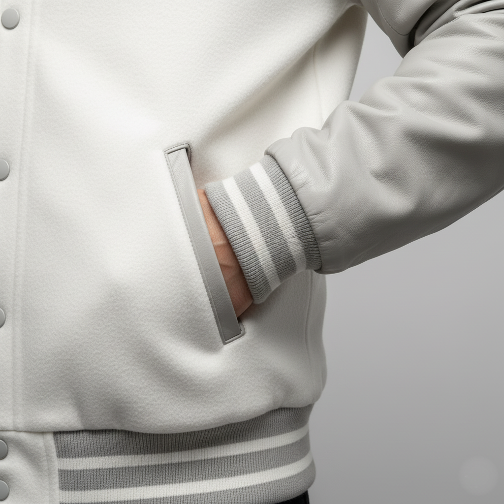 Close-up of a person wearing a light gray varsity jacket with white trim on a plain background