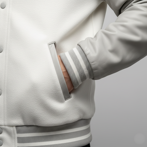 Close-up of a person wearing a light gray varsity jacket with white trim on a plain background