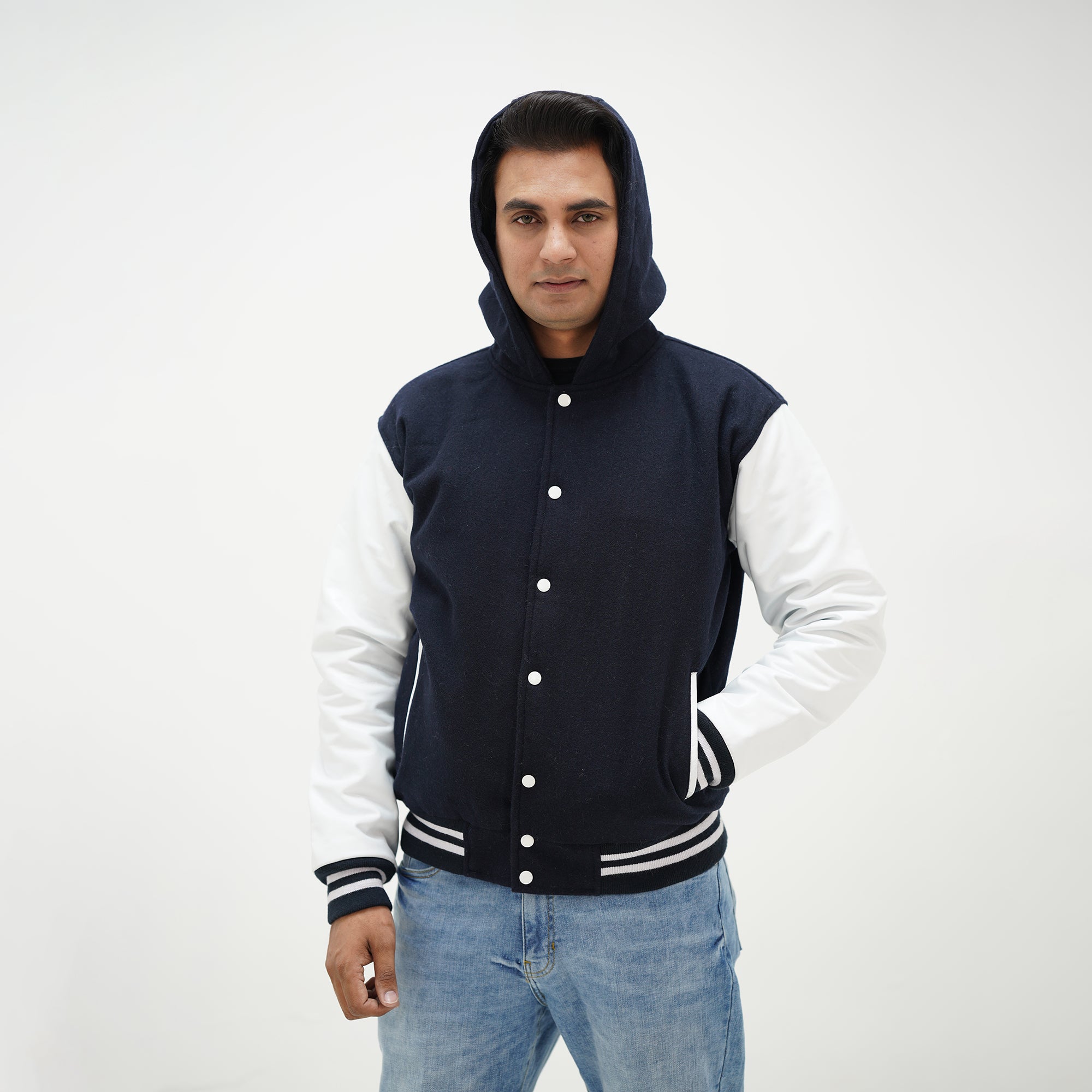 Dark blue and white varsity jacket with hood wool body and leather sleeves - premium quality classic design