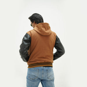Back view of varsity jacket with hoodie wool body showing premium Melton construction and traditional varsity style