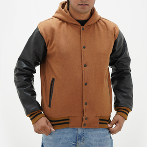 Varsity jacket with hoodie wool body and leather sleeves - premium Melton wool and genuine cowhide brown black design