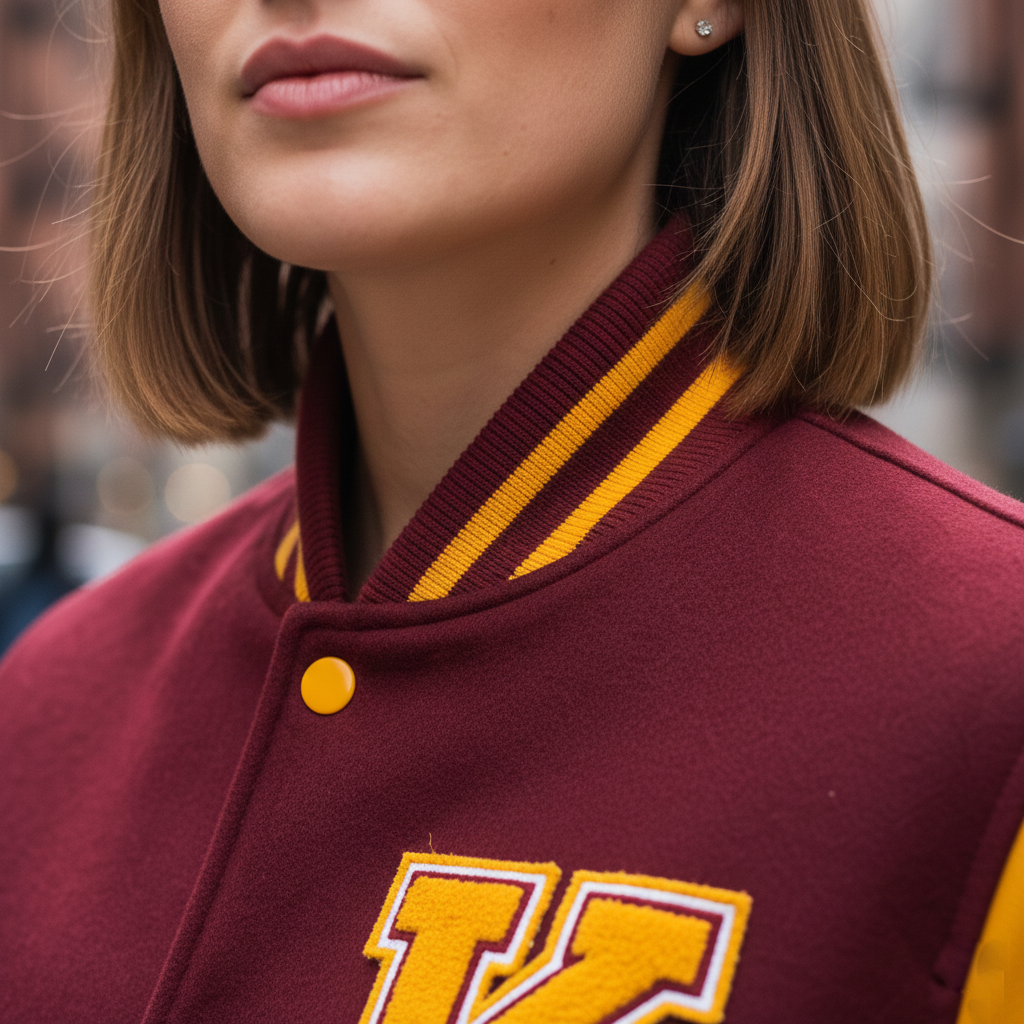 Close-up of a person wearing a maroon and yellow varsity jacket with a blurred background
