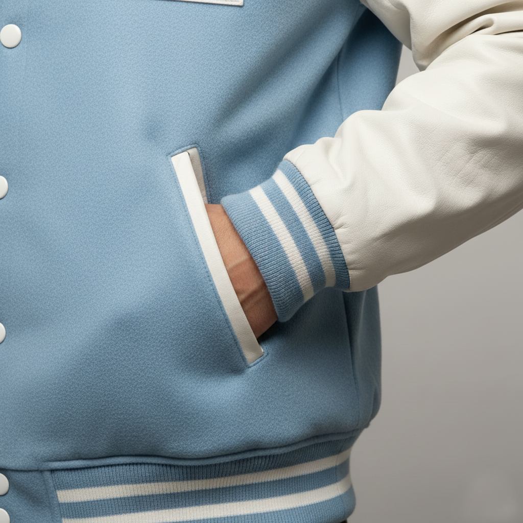 Close-up of a blue varsity jacket with white trim on a neutral background