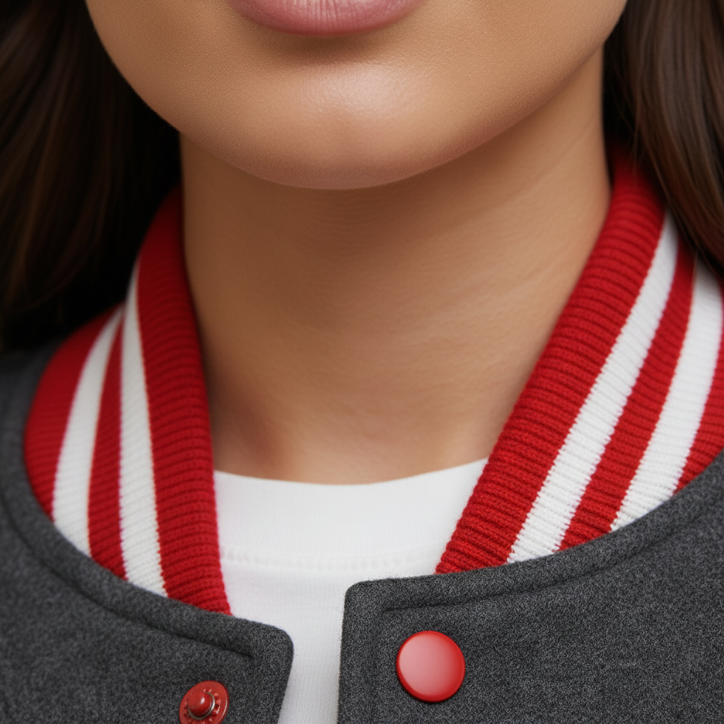 Close-up of a person wearing a red and white striped sweater with a gray jacket.