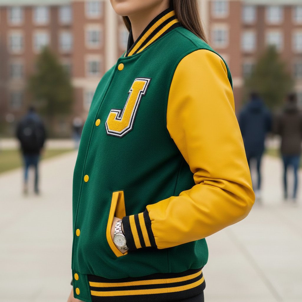 Person wearing a green and yellow varsity jacket with a large 'J' on a blurred background