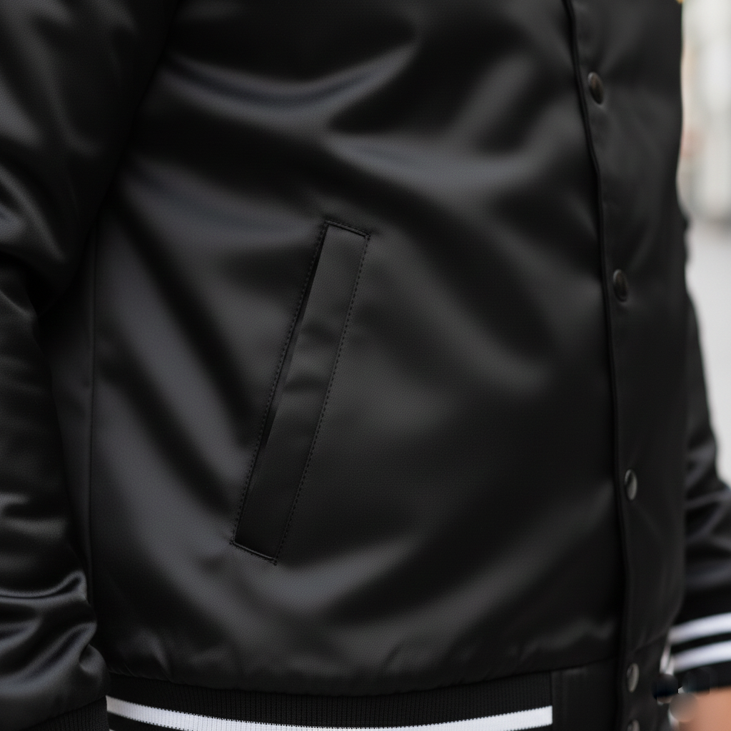 Close-up of a black jacket with a pocket detail
