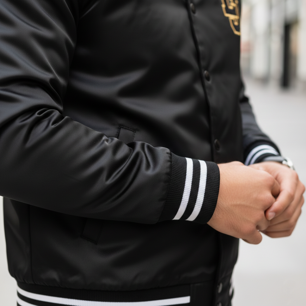 Side angle of varsity windbreaker jacket highlighting lightweight fabric and custom fit design