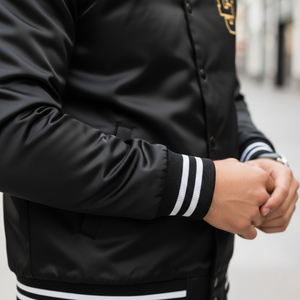 Side angle of varsity windbreaker jacket highlighting lightweight fabric and custom fit design