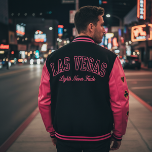 Person wearing a black and pink 'Las Vegas Lights Never Fade' jacket on a neon-lit street.