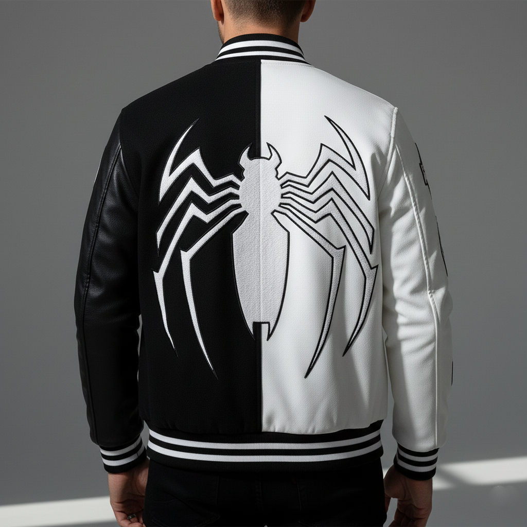 Back view of Venom varsity jacket featuring premium Melton wool body and genuine leather sleeves construction