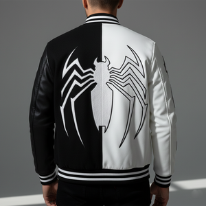 Back view of Venom varsity jacket featuring premium Melton wool body and genuine leather sleeves construction