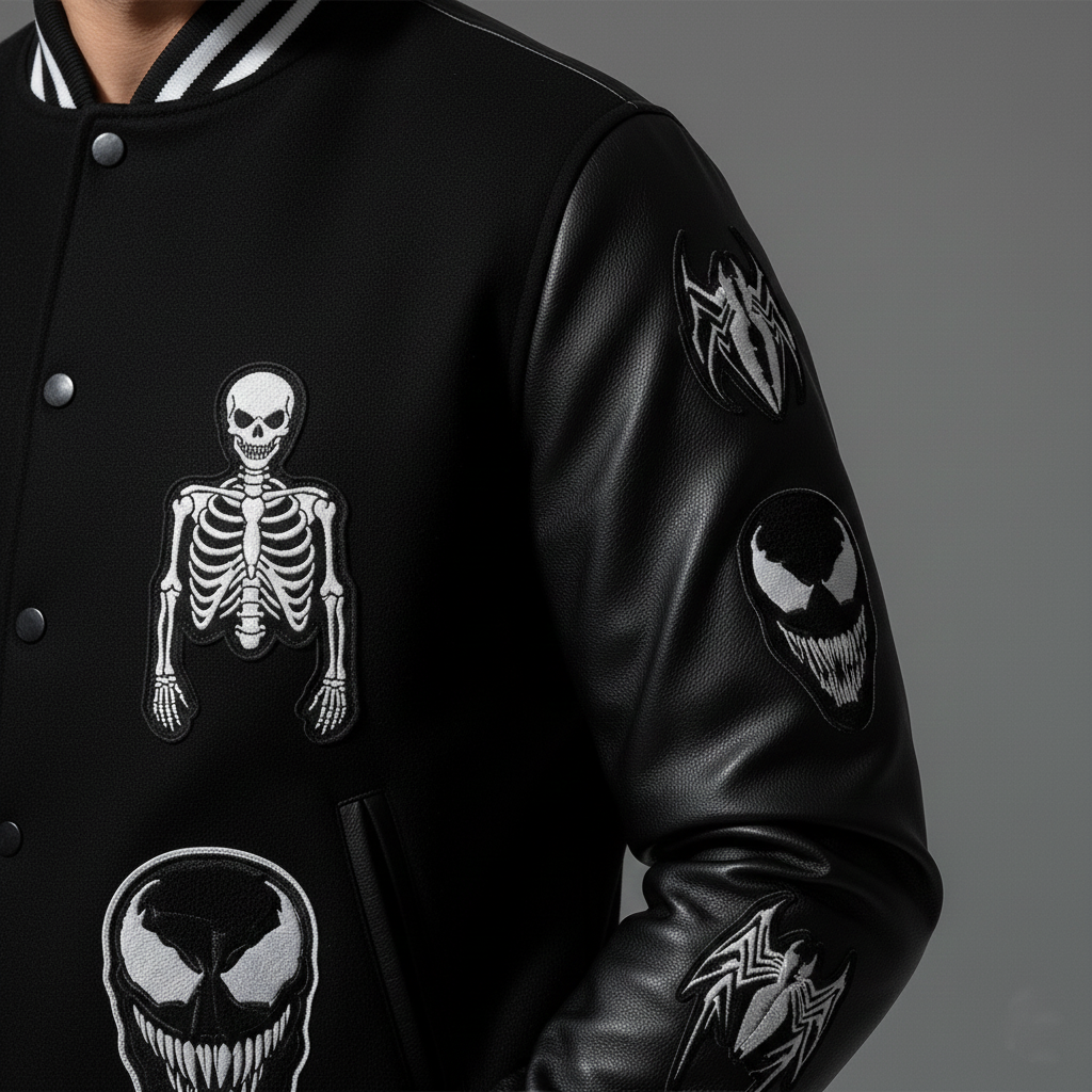 Close-up of Venom varsity jacket logo patches and bold design details for campus life and game-day events