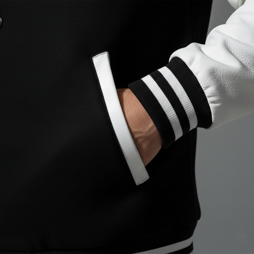 Detailed view of Venom varsity jacket genuine leather sleeves with authentic varsity style and school spirit design