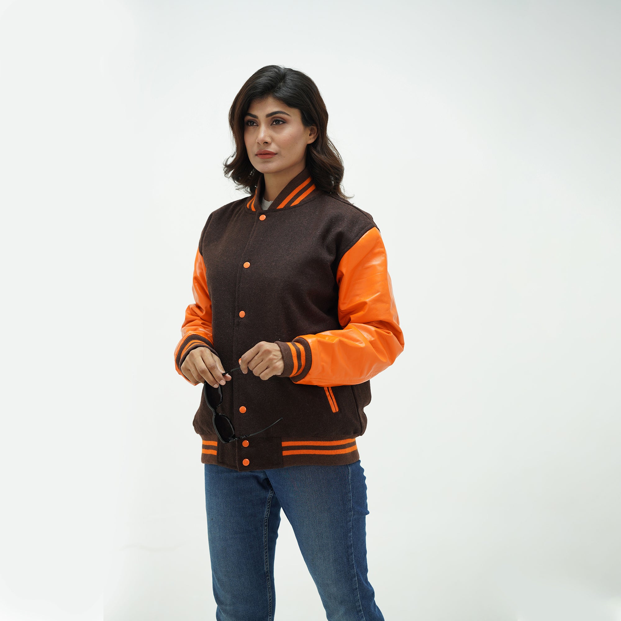 Vintage brown wool varsity jacket back view - displaying chocolate brown Melton wool body with old gold leather sleeves and ribbed hem
