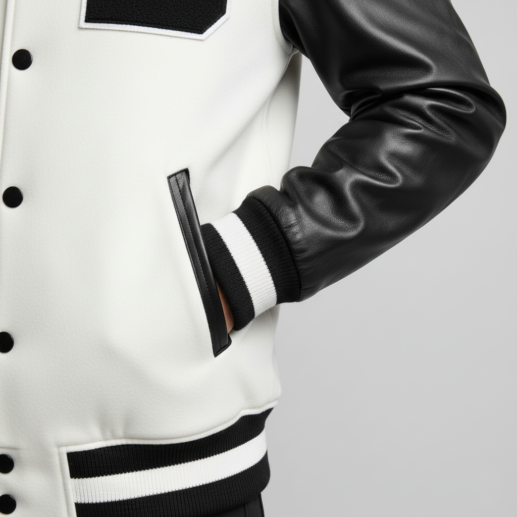 White varsity jacket with black leather sleeves on a light gray background