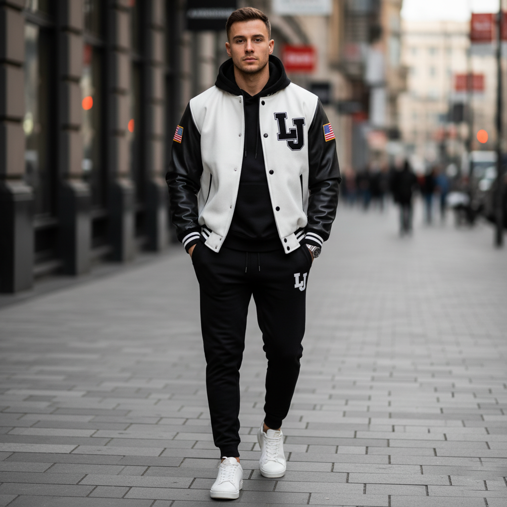 Man wearing a varsity jacket with 'LJ' lettering on a city street.