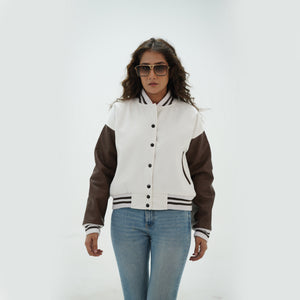 Full display of white and chocolate brown letterman jacket for women showing complete fit, premium wool-leather construction, and sophisticated white-chocolate brown styling