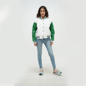 Full display of white and green letterman jacket for women showing complete fit, premium wool-leather construction, and clean white-green varsity styling