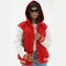 Women's Red And White Letterman Jacket With Hoodie Leather Arms And Wool Body
