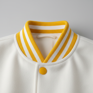 White jacket with yellow striped collar and button on a gray background