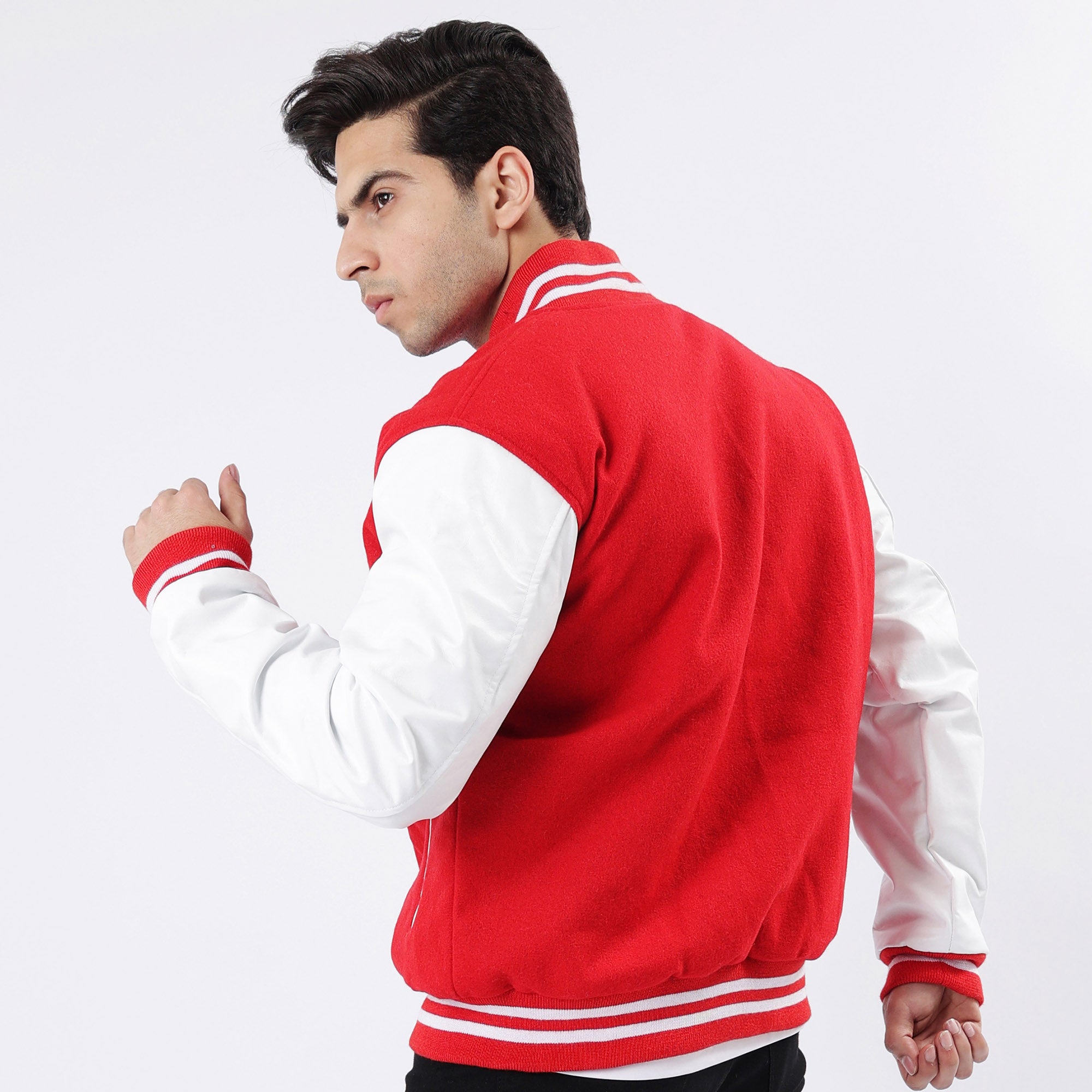 Men's Red And White Letterman Jacket Leather Arms And Wool Body