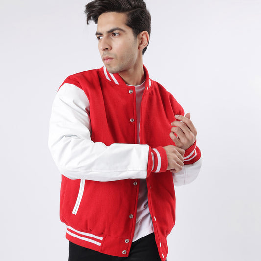 Men's Red And White Letterman Jacket Leather Arms And Wool Body