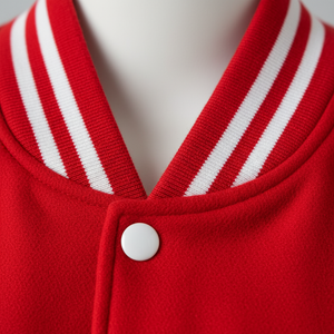 Close-up of a red cardigan with white stripes on the collar against a neutral background
