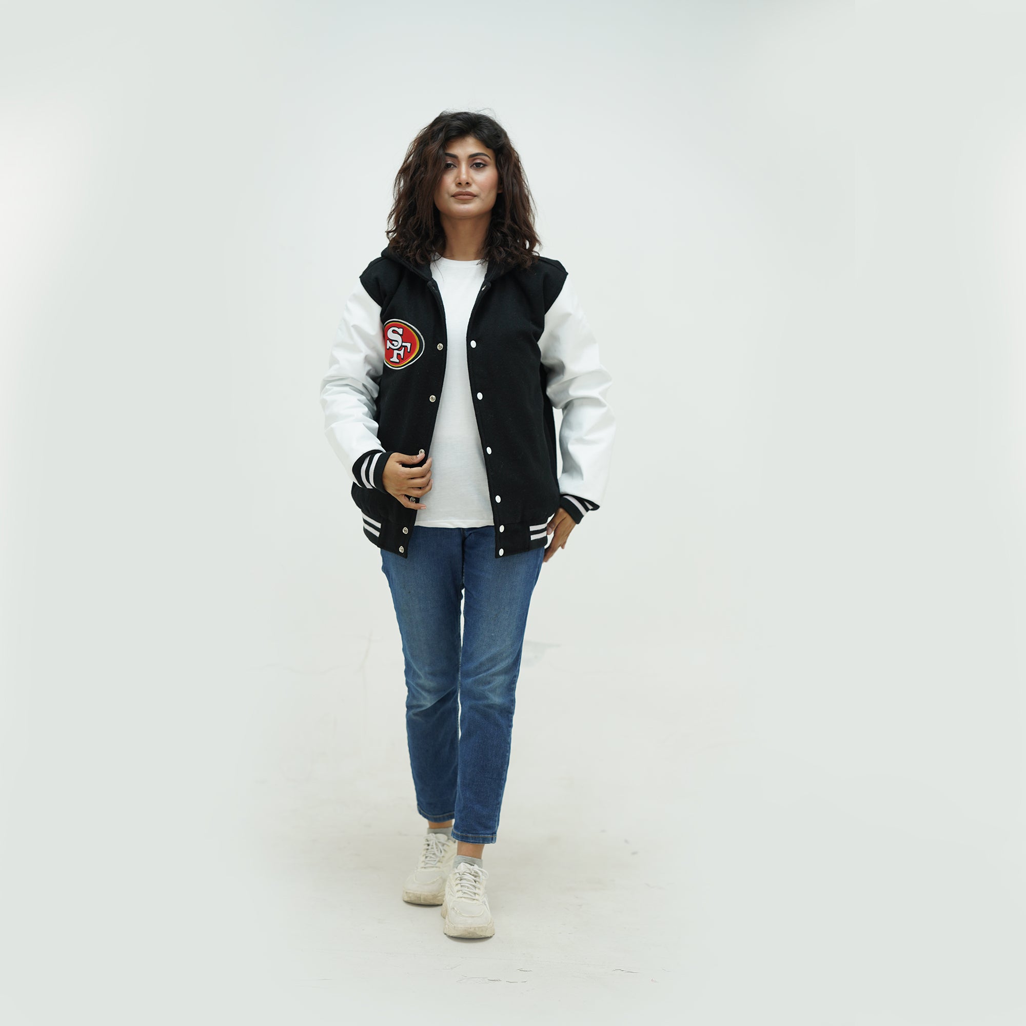 full view of women 49ers hooded varsity jacket highlighting attached hood and premium navy wool white leather construction for ladies