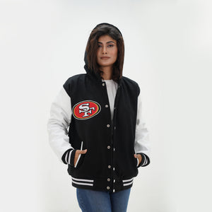 Side profile of women 49ers hoodie jacket showcasing white leather arms and navy wool body with hood for female NFL fans
