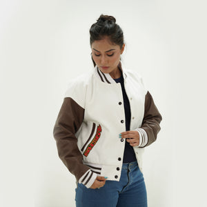Close up of women 49ers letterman jacket ribbed collar and cuffs with white wool chocolate leather detailing for customizable styling