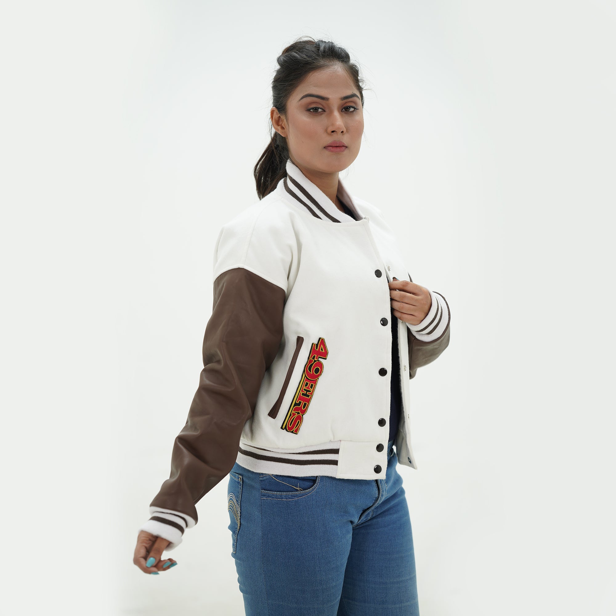 Front view of women 49ers letterman jacket displaying tailored women fit with white wool and chocolate leather construction for ladies