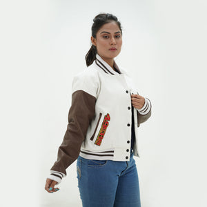 Front view of women 49ers letterman jacket displaying tailored women fit with white wool and chocolate leather construction for ladies