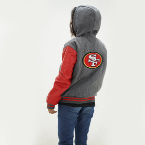 Back view of women 49ers varsity hoodie showing attached hood and authentic red colors for female NFL fans