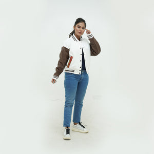 Back angle of women 49ers varsity jacket highlighting construction details and tailored fit for San Francisco female fans