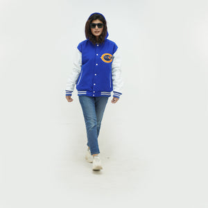 Front view of women Bears hooded varsity jacket displaying tailored women fit with royal wool and white leather construction for ladies