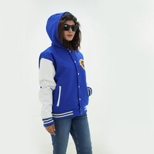 Close up of women Bears letterman hoodie ribbed cuffs and waistband details with royal and orange team color styling for football fans