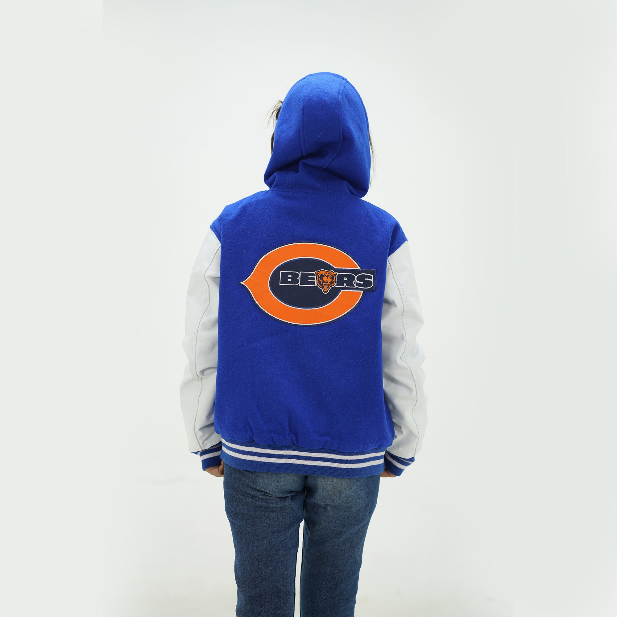 Back view of women Chicago Bears hooded jacket highlighting built in hood construction and premium wool leather materials for ladies