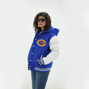 Side profile of women Chicago Bears hoodie jacket with hood up showcasing royal blue wool body and white leather sleeves for female NFL fans