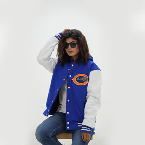 Detail shot of women Chicago Bears letterman hoodie showing premium quality wool and genuine leather construction with hood for NFL wear