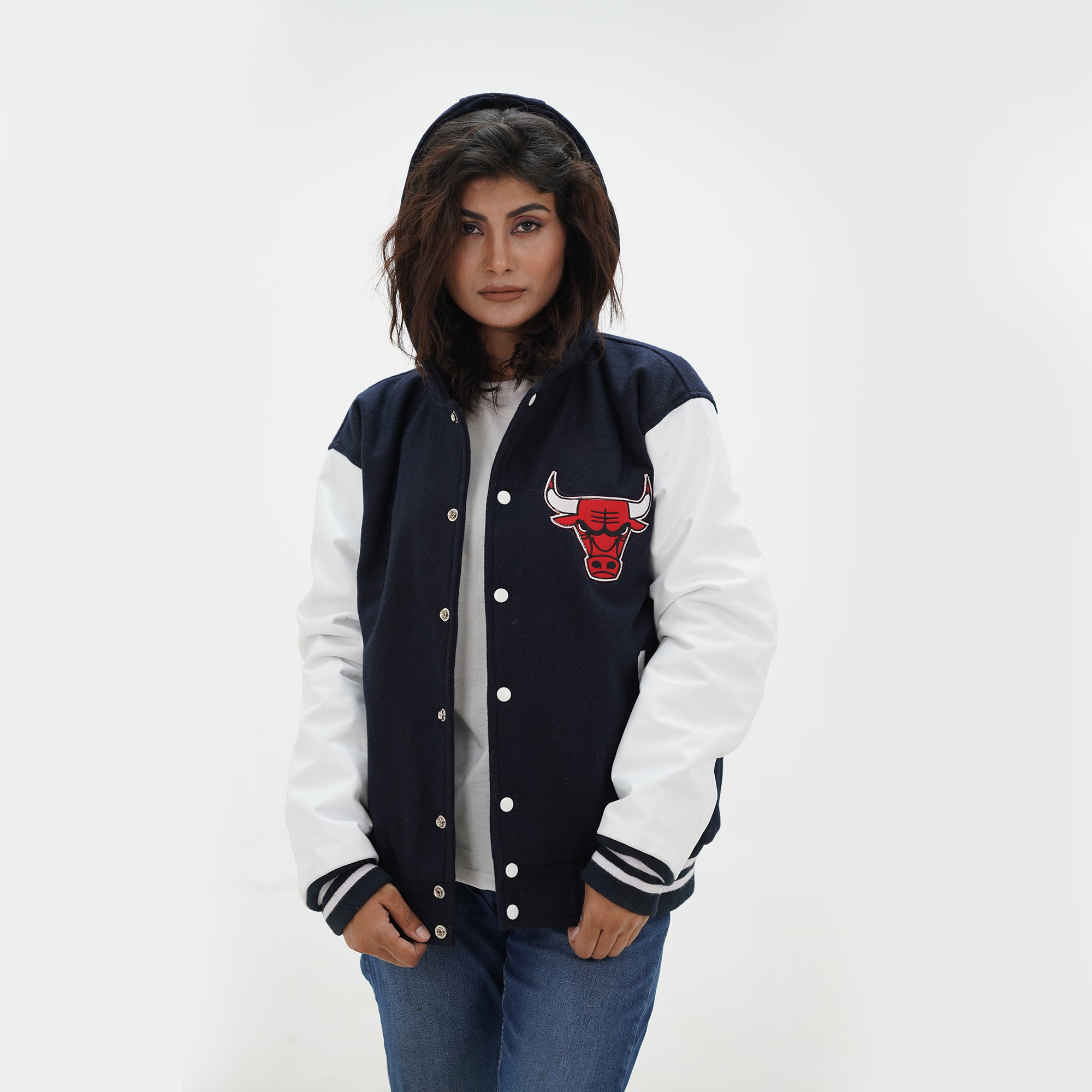 Side profile of women Chicago Bulls hoodie jacket showcasing leather arms and tailored women fit with attached hood for ladies