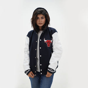 Side profile of women Chicago Bulls hoodie jacket showcasing leather arms and tailored women fit with attached hood for ladies