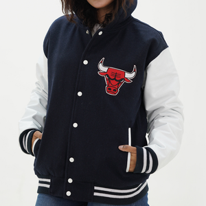 Women Chicago Bulls letterman jacket with hood featuring blue and white wool body and genuine leather sleeves with tailored fit for female fans