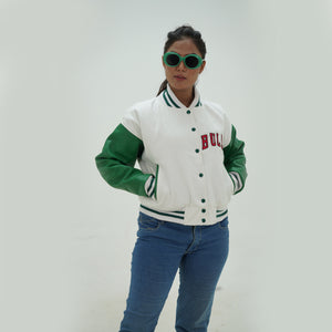 Detail shot of women Chicago Bulls letterman jacket showing  quality craftsmanship in XS to 6XL sizes