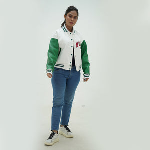 Side angle of women Chicago Bulls varsity jacket showcasing genuine leather sleeves and premium wool body construction for ladies