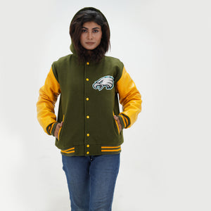 Close up of women Eagles varsity jacket ribbed collar and trim details with midnight green and yellow styling for authentic NFL wear