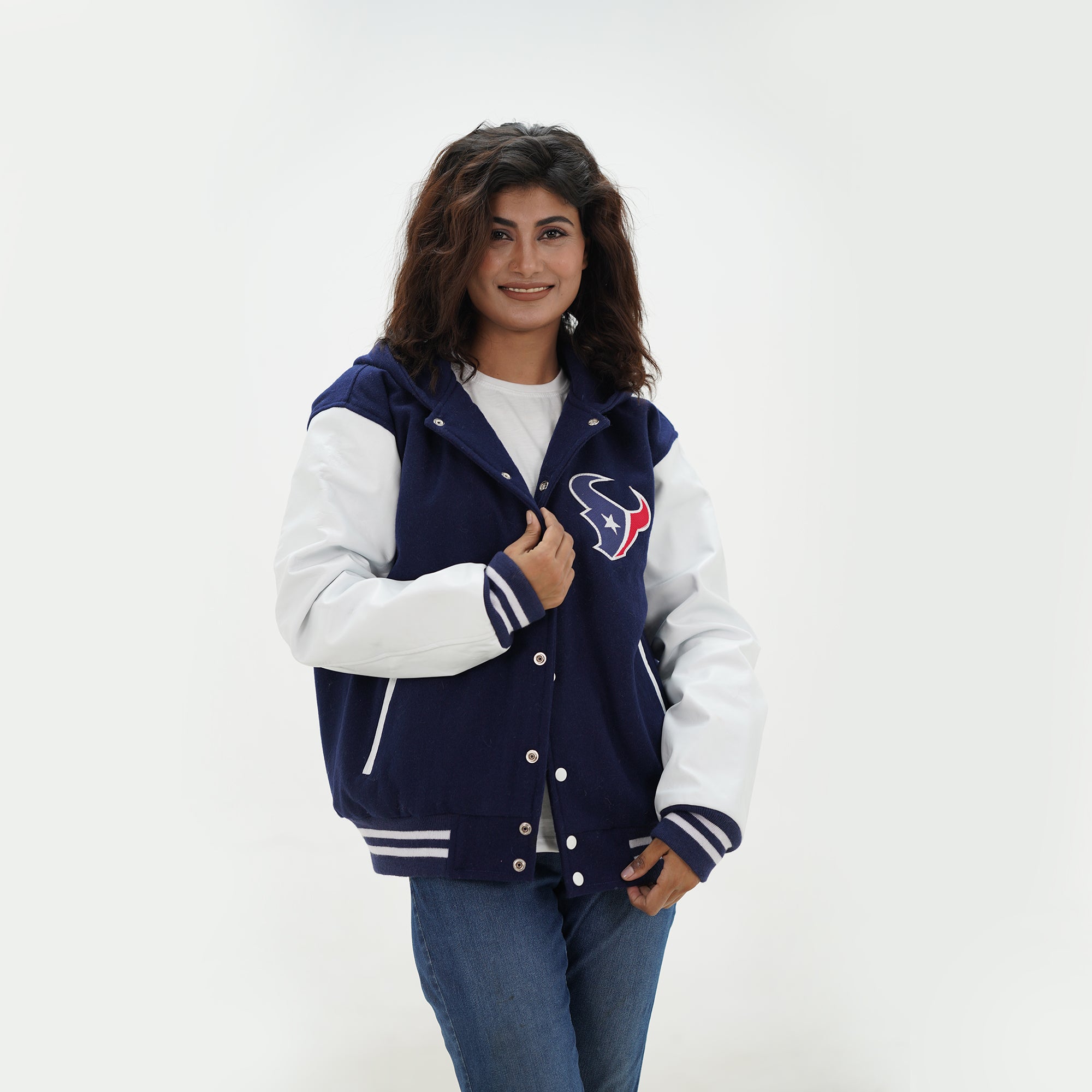 Side angle of women Houston Texans hoodie jacket showcasing white leather sleeves and navy wool body styling for female football fans