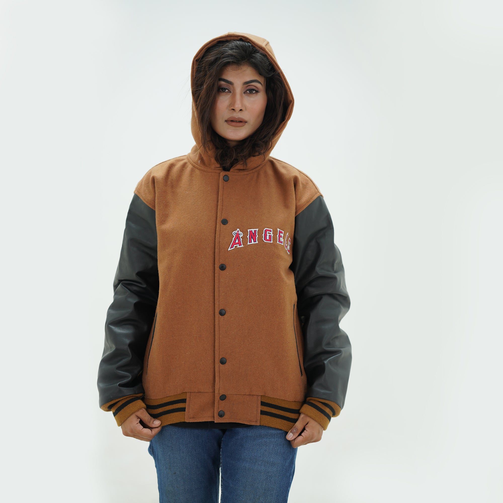 Close up of women LA letterman hoodie ribbed  cuffs and waistband trim with authentic team color construction for female fans